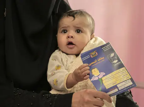On April 29, 2021, 9-month-old Shaima receives her routine vaccinations at a UNICEF-supported health center in Sana'a, Yemen. On April 29, 2021, 9-month-old Shaima receives her routine vaccinations at a UNICEF-supported health center in Sana'a, Yemen.