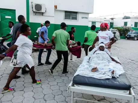 Patients are transported for care at Immaculate Conception Hospital in Les Cayes, Haiti on August 15, 2021, following the 7.2 earthquake that struck the region on August 14, 2021. Patients are transported for care at Immaculate Conception Hospital in Les Cayes, Haiti on August 15, 2021, following the 7.2 earthquake that struck the region on August 14, 2021.