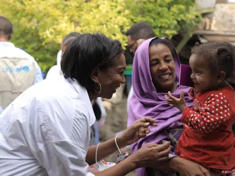 In Dessie town, Amhara region, Ethiopia, Rania Dagash, UNICEF Deputy Regional Director for Eastern and Southern Africa, left, met baby Rahima and her mother, Amina, who adopted her after finding her abandoned as a newborn. In Dessie town, Amhara region, Ethiopia, Rania Dagash, UNICEF Deputy Regional Director for Eastern and Southern Africa, left, met baby Rahima and her mother, Amina, who adopted her after finding her abandoned as a newborn.
