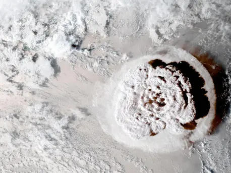 On January 15, 2022, a satellite image captures another explosive eruption of the underwater Hunga Tonga Hunga Ha'apai volcano near the island nation of Tonga. On January 15, 2022, a satellite image captures another explosive eruption of the underwater Hunga Tonga Hunga Ha'apai volcano near the island nation of Tonga.
