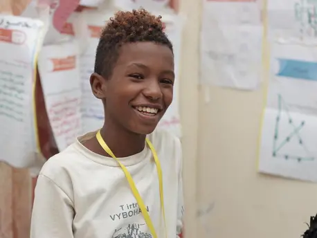 Bassam, 14, attends a life skills training program in Aden, Yemen, organized by UNICEF and implementing partner SOS Foundation for Development, with funding from the European Union. Bassam, 14, attends a life skills training program in Aden, Yemen, organized by UNICEF and implementing partner SOS Foundation for Development, with funding from the European Union.