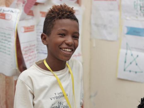 Bassam, 14, attends a life skills training program in Aden, Yemen, organized by UNICEF and implementing partner SOS Foundation for Development, with funding from the European Union. 