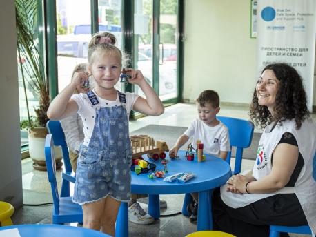 On June 13, 2022, children play at a UNICEF-UNHCR Blue Dot Safe Space, Protection and Support Hub in Sofia, Bulgaria.