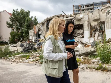 On Aug. 31, 2022 in Zhytomyr, Ukraine, UNICEF Executive Director Catherine Russell, left, and Nina Sorokopud, Chief of Communication for UNICEF Ukraine, visit School #25, which has been heavily damaged since the escalation of the war. On Aug. 31, 2022 in Zhytomyr, Ukraine, UNICEF Executive Director Catherine Russell, left, and Nina Sorokopud, Chief of Communication for UNICEF Ukraine, visit School #25, which has been heavily damaged since the escalation of the war.