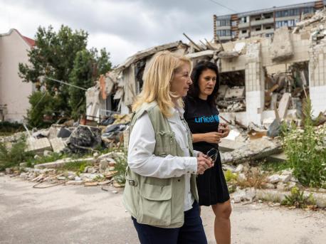 On Aug. 31, 2022 in Zhytomyr, Ukraine, UNICEF Executive Director Catherine Russell, left, and Nina Sorokopud, Chief of Communication for UNICEF Ukraine, visit School #25, which has been heavily damaged since the escalation of the war. 