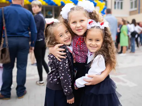 On Sept. 2, 2022, at School No. 17 in Irpin, Ukraine, children are excited to begin their first day of the new school year. On Sept. 2, 2022, at School No. 17 in Irpin, Ukraine, children are excited to begin their first day of the new school year.