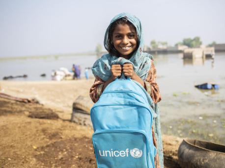 Ameer, 8, is ready to go to school for the very first time at a UNICEF temporary learning center set up in flood-stricken Jacobabad, Sindh Province, Pakistan. 