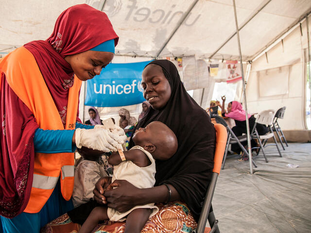 UNICEF Nutrition Officer, Aishat Abdullahi, assesses 7-month-old Umara Bukar for malnutrition at a UNICEF-supported health clinic at Muna Garage displacement camp, Maiduguri, Borno State, northeast Nigeria as Umara’s mother (in black) looks on.