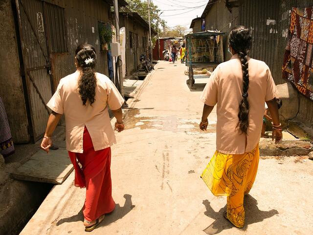Asha workers Sonali D Gaikwad and Sujata D Gaikwad walk through the Ajanta Nagar slum in Pimpri to mobilise parents and children for vaccination as part of IMI 4.0.