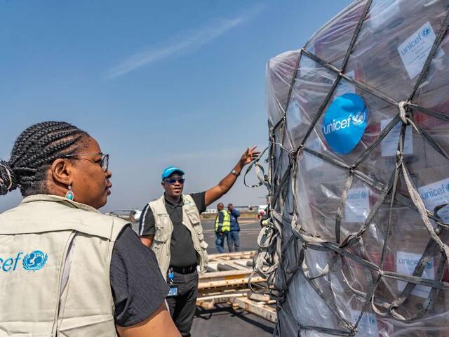 UNICEF workers help receive 46 tons of RUTF and therapeutic milk at Goma airport in DR Congo.