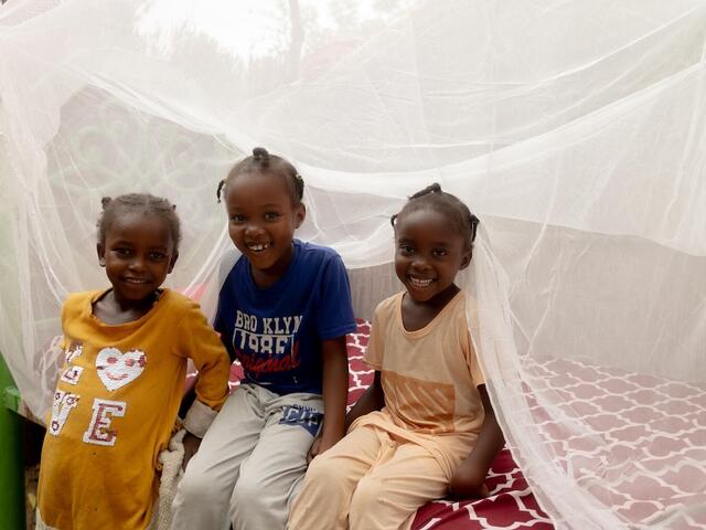 In Blue Nile state, Sudan, girls sit under a bed net provided by UNICEF to prevent malaria, a mosquito-borne illness.