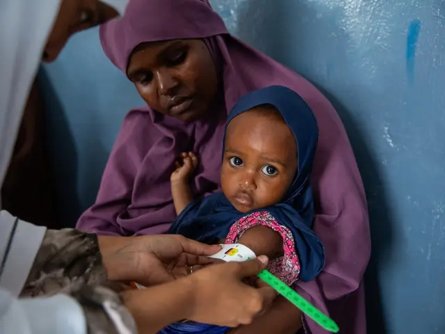 A UNICEF-supported health worker measures the mid-upper arm of a baby during a malnutrition screening in Mogadishu, Somalia on Aug. 17, 2026