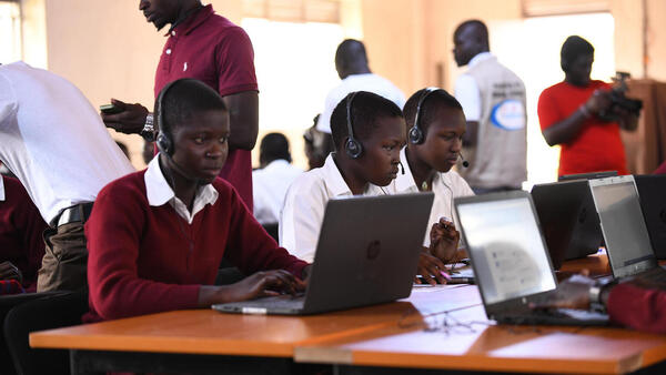 Students attend an online class at Assumpta Girls High School in Adjumani district, Uganda.