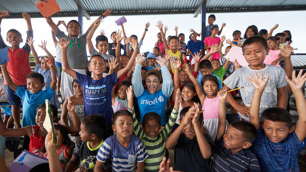 UNICEF Ambassador Laurie Hernandez meets children in Lajas Blancas, Panama.