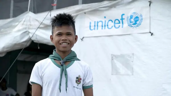 A prototype high-performance tent sheltered Rashid, 12, during field testing in the Philippines in 2019. Rashid was displaced from his home by typhoons.