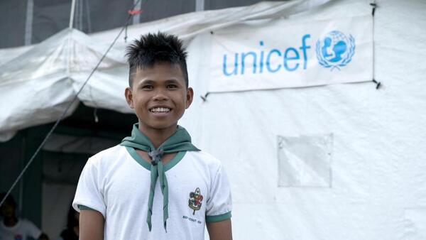 A prototype high-performance tent sheltered Rashid, 12, during field testing in the Philippines in 2019. Rashid was displaced from his home by typhoons.