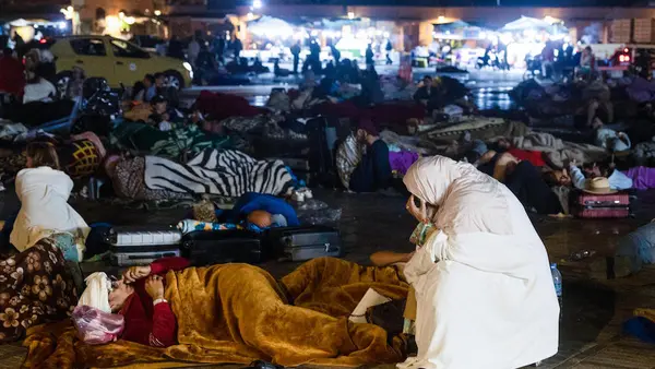 Residents stay out at a square in Marrakesh, Morocco on September 9, 2023, after an earthquake. 