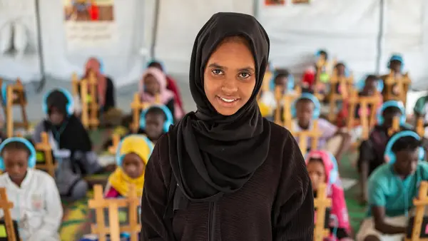Shaimaa, 14, inside the UNICEF-supported Makanna ('our space' in Arabic) at El Gox gathering point in Kosti, White Nile state, Sudan.