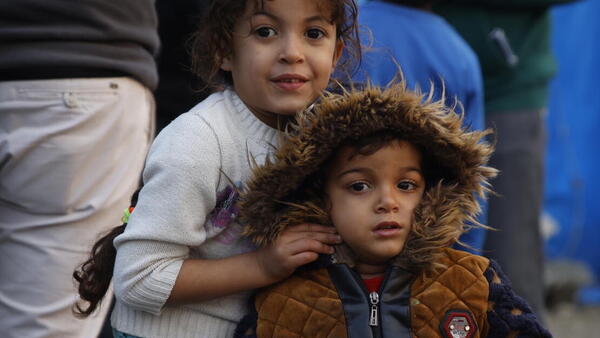 Children in Narlica Informal Camp setting in Hatay, after two devastating earthquakes hit southeastern Türkiye on Feb. 6, 2023.
