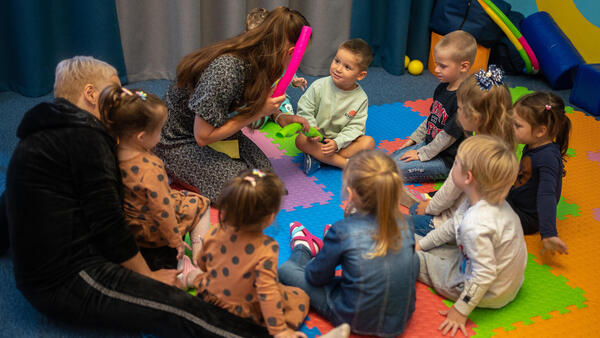 Children participate in a creativity class at the Spilno Child Spot in Kharkiv, Ukraine, one of over 200 service hubs supported by UNICEF. Some 300 children visit this Spilno center every day; it's where kids can learn, play and feel safe, and where caregivers can get referrals to health and protection services.