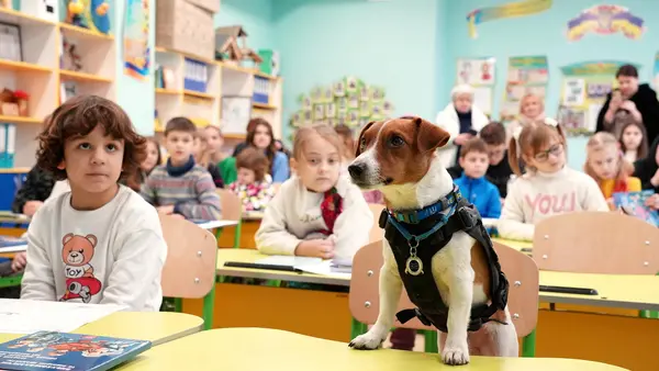 Patron, a bomb-sniffing dog, visited a classroom where students learned about the hazards of landmines and unexploded ordnance in Ukraine. 