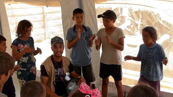 Children learn, play and make friends at a UNICEF-supported temporary learning center in Deir al Balah, Gaza Strip.
