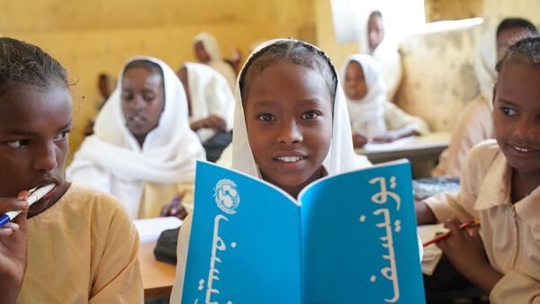 Pupils at Diam Elementary School for girls in Sudan attend class on the first day of school in April 2024.