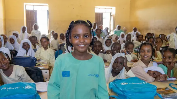 On Oct. 3, 2024, students attend class at UNICEf-supported Salalab Eastern Basic and Primary School for Girls and Boys in Port Sudan.