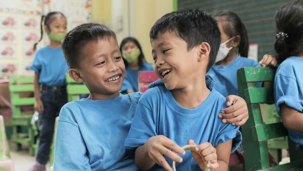 Students are happy to return to school at Hanginan Elementary, Maasin City, the Philippines. 