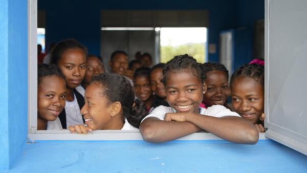 Students at Mavorano Secondary School, Manakara District, Fitovinany Region, Madagascar, where UNICEF supported climate resilience building initiatives to create a safer learning environment and reduce disaster risks.