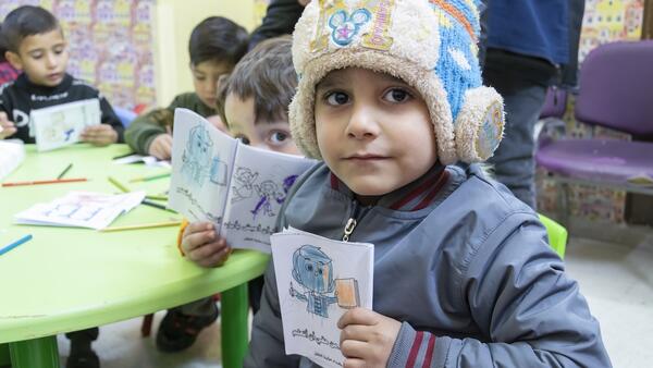 Ghaith, 6, attends a psychosocial support session at a UNICEF-supported child protection center in Aleppo city, Syria.