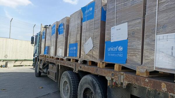 On Jan. 19, 2025, UNICEF trucks loaded with water, hygiene kits, and nutrition items enter the Gaza Strip in the State of Palestine via the Kerem Shalom crossing point. 