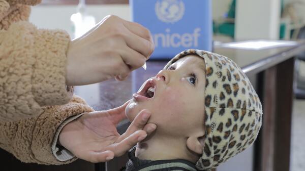 A child receives the oral polio vaccine at Sabra health clinic in Gaza City on Feb. 22, 2025.