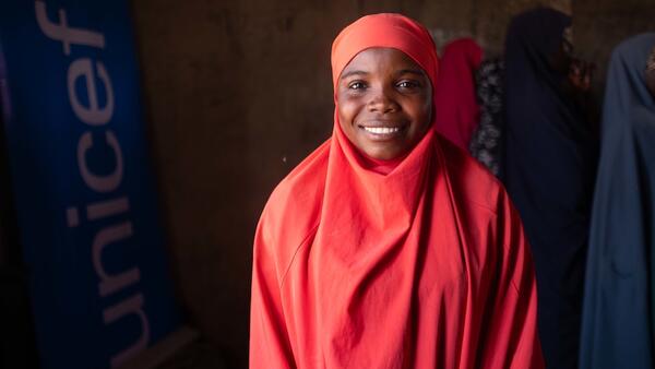 Fatima, 15, in her classroom in a school supported by UNICEF with funding from Education Cannot Wait in Maiduguri, Nigeria.