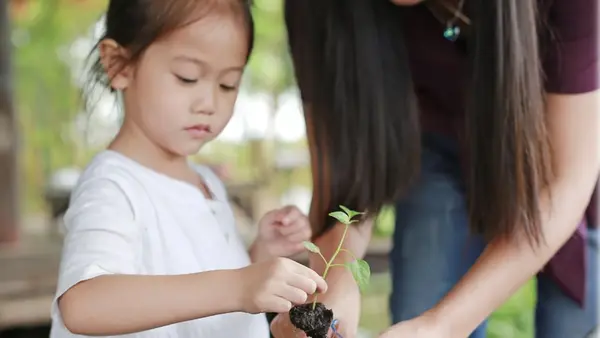 A young girl holds a small plant during a school activity focused on the environment.