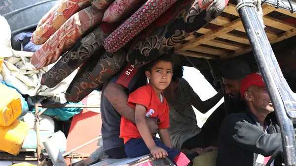Thousands of Palestinian families flee Gaza City toward the southern part of the Gaza Strip amid heavy bombardment and evacuation orders on Sept. 15, 2025.,