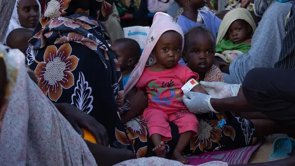 On Oct. 15, 2025, children are screened for malnutrition at the UNICEF-supported health facility in Al Hamidiya Internally Displaced Camp in Zalingi, Central Darfur.