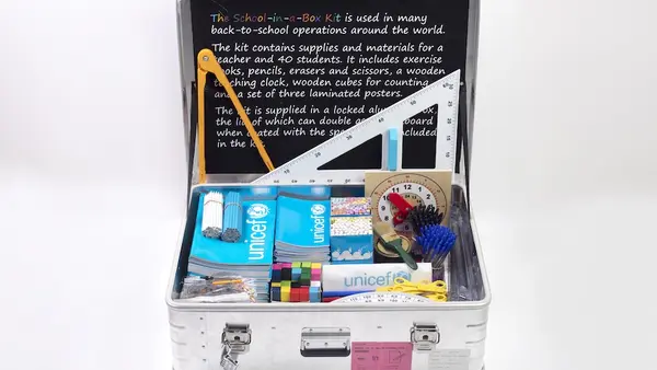 A UNICEF School-in-a-Box kit.