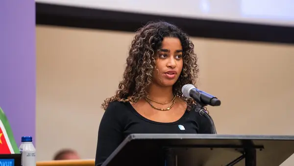 A UNICEF Youth Advocate speaks during a high-level event at the United Nations Headquarters in New York .