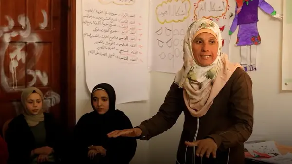 Girls participate in a UNICEF-supported learning session on menstrual hygiene in Gaza in 2026.