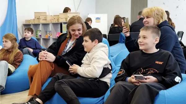 Children play and relax in a UNICEF child-friendly hub in Ukraine.