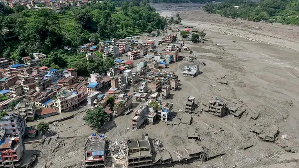 Aerial view of flash flooding damage in Nepal on Aug. 26, 2026.