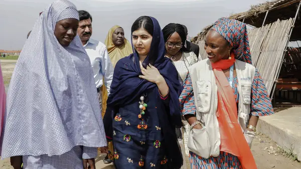In July 2017, Malala Yousafzai toured a school in Maidaguri refugee camp in northeast Nigeria for students displaced by the Boko Haram conflict. 