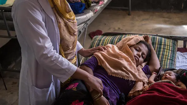 After fleeing brutal violence in Myanmar, 18-year-old Hazera gave birth to her daughter at a UNICEF-supported health center in the Kutupalong camp for Rohingya refugees in Cox's Bazar, Bangladesh.