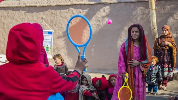 Saima, 12, plays with other girls her age at a UNICEF-supported Child-Friendly Space in Nangarhar province, eastern Afghanistan.