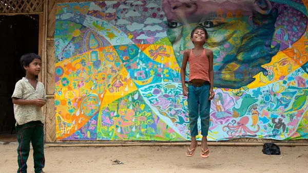 unicef, unicef usa, bangladesh, rohingya refugee children, art therapy, mural painting