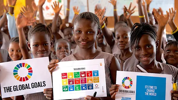 Students at a girls primary school in Sierra Leone’s capital Freetown pictured after their lesson on the Sustainable Development Goals 2030.