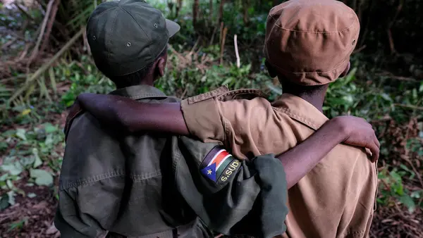 Ganiko, 12, and Jackson, 13, at a ceremony to release children from armed groups in South Sudan in April 2018.