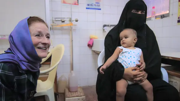 UNICEF Executive Director Henrietta H. Fore interacts with children at the child friendly space at the Alqatee'a Health Centre in Aden.