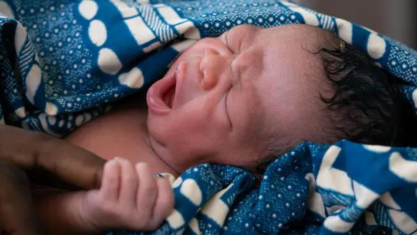 Baby girl Harira, two hours old, was born safely in the UNICEF-supported Nana As’mau clinic in Yola, Nigeria in October 2018.